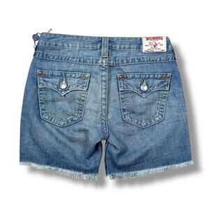 New True Religion Women’s Cutoff Denim Shorts Distressed Y2K Made In USA Size 27